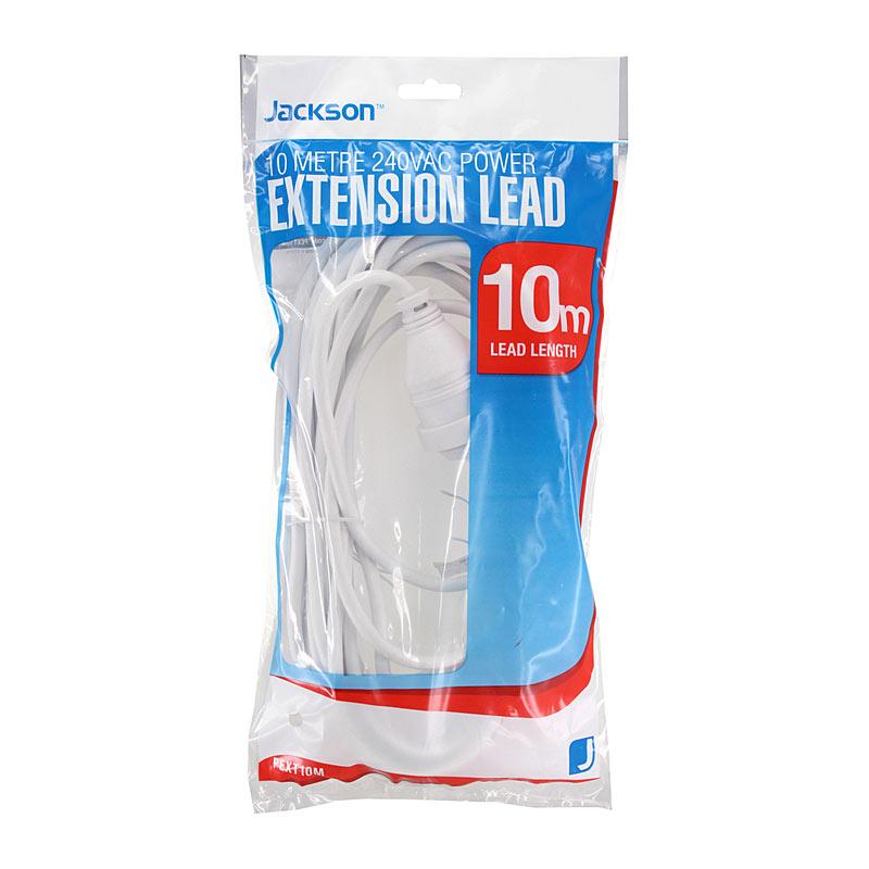 JACKSON Ext Lead 10m in white color, showcasing its durable design and length, ideal for outdoor use.