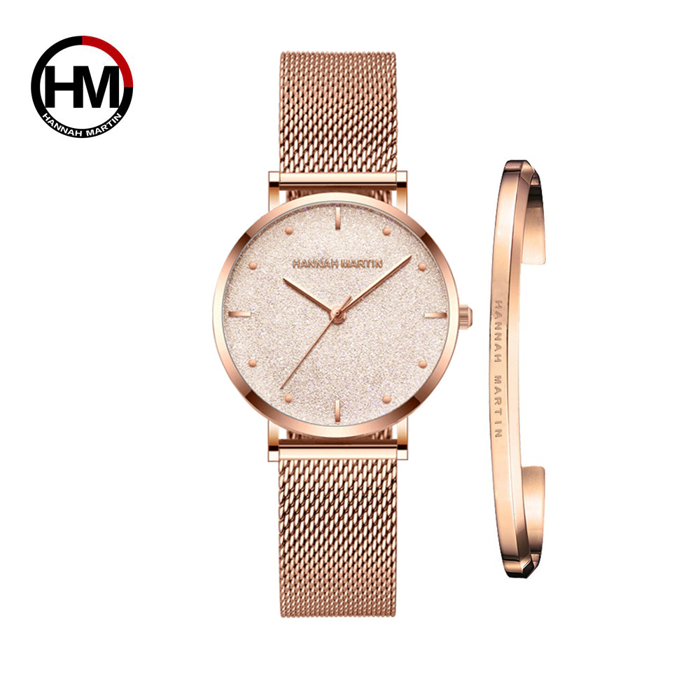 Japan Quartz Creative Design Waterproof Rose Gold Stainless Steel Mesh watch featuring a round case, stainless steel mesh band, and elegant rose gold finish.