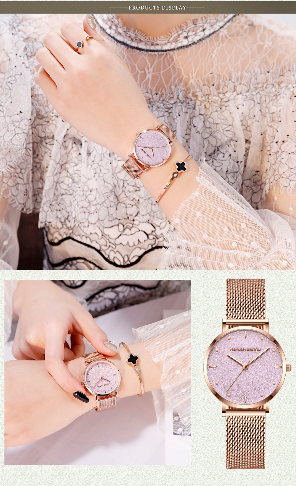 Japan Quartz Creative Design Waterproof Rose Gold Stainless Steel Mesh watch featuring a round case, stainless steel mesh band, and elegant rose gold finish.