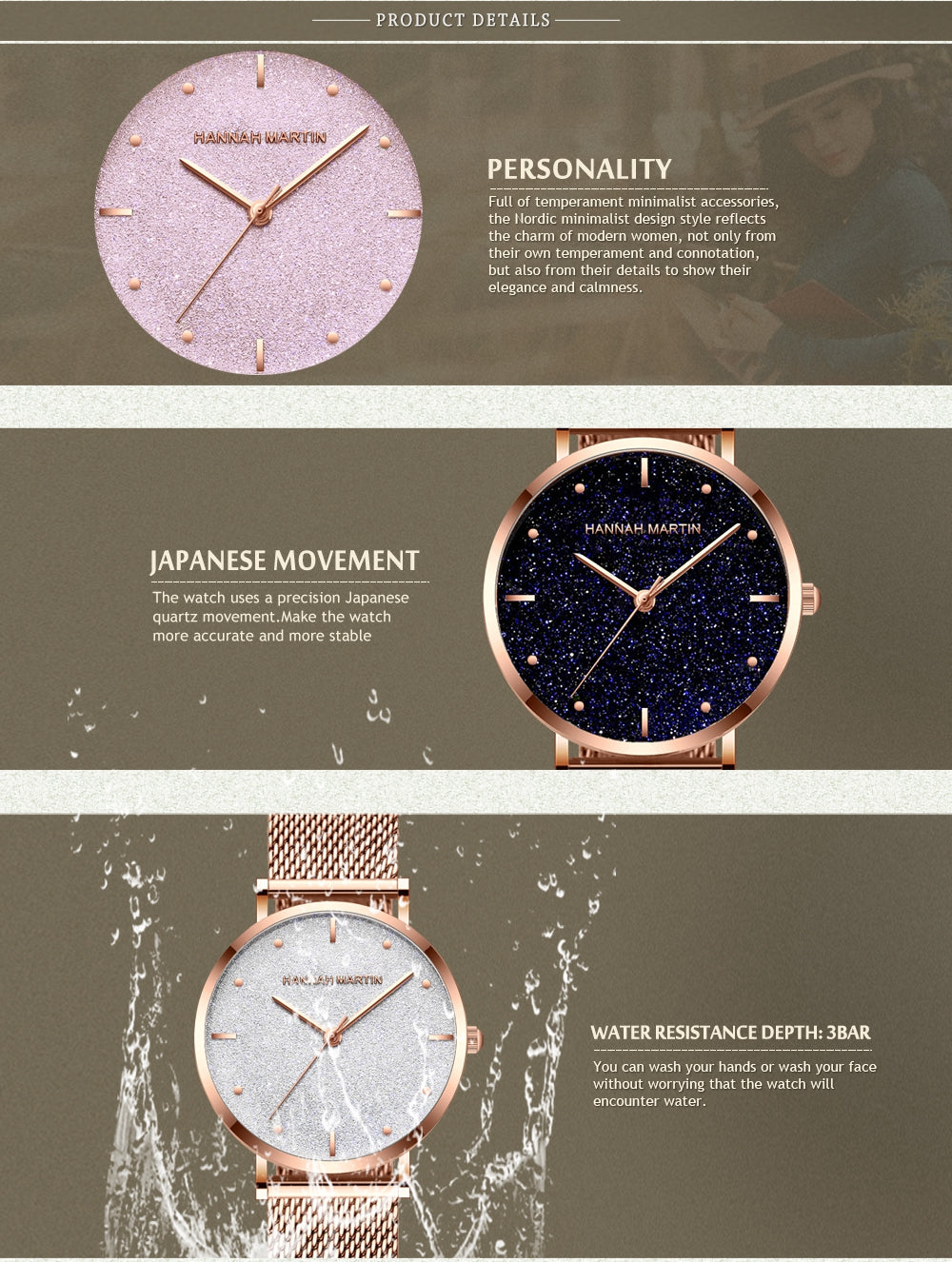 Japan Quartz Creative Design Waterproof Rose Gold Stainless Steel Mesh watch featuring a round case, stainless steel mesh band, and elegant rose gold finish.