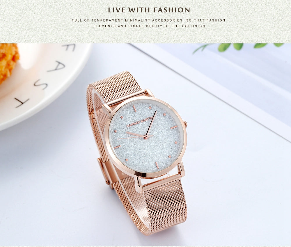 Japan Quartz Creative Design Waterproof Rose Gold Stainless Steel Mesh watch featuring a round case, stainless steel mesh band, and elegant rose gold finish.