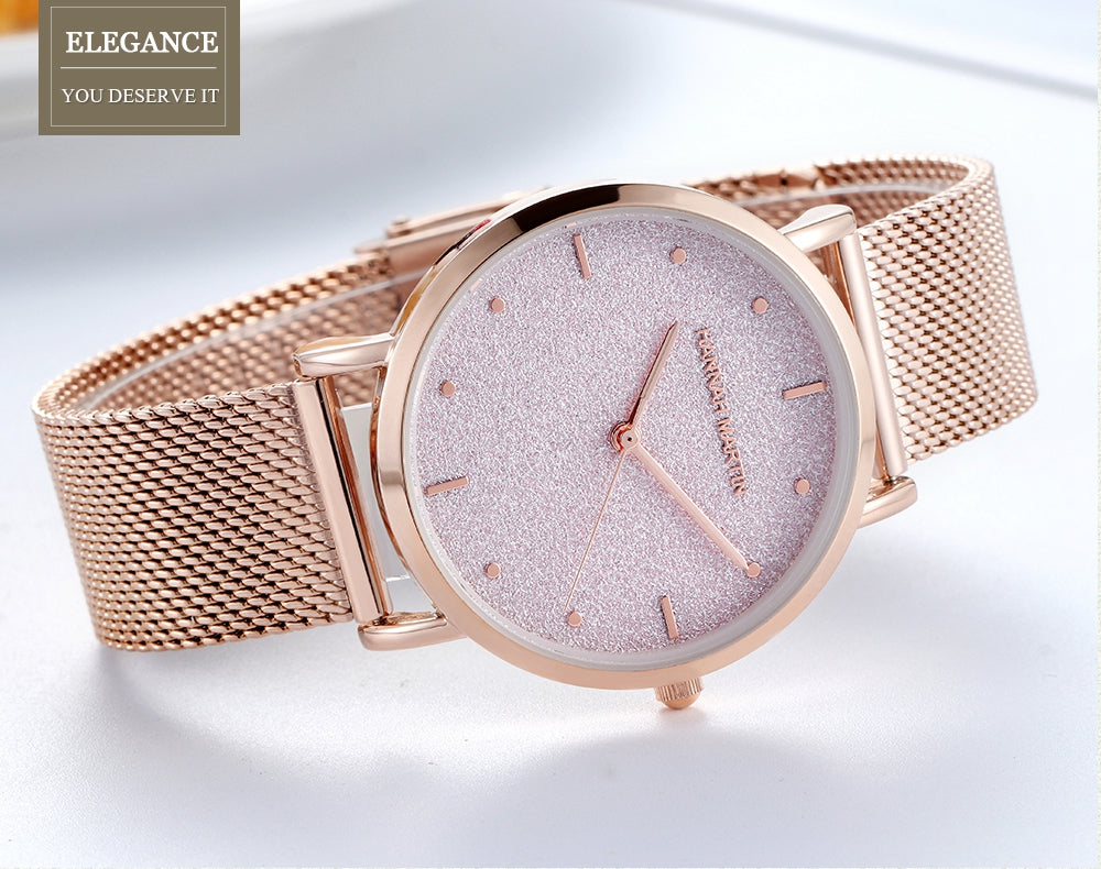 Japan Quartz Creative Design Waterproof Rose Gold Stainless Steel Mesh watch featuring a round case, stainless steel mesh band, and elegant rose gold finish.