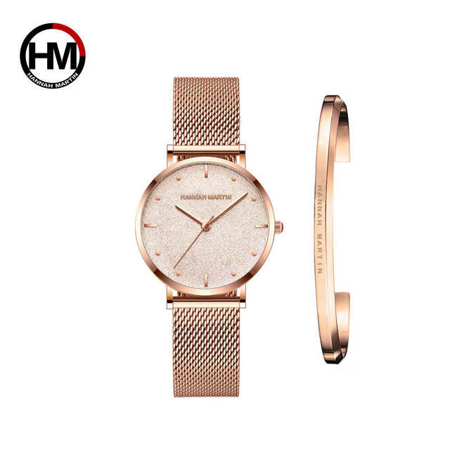 Japan Quartz Creative Design Waterproof Rose Gold Stainless Steel Mesh watch featuring a round case, stainless steel mesh band, and elegant rose gold finish.