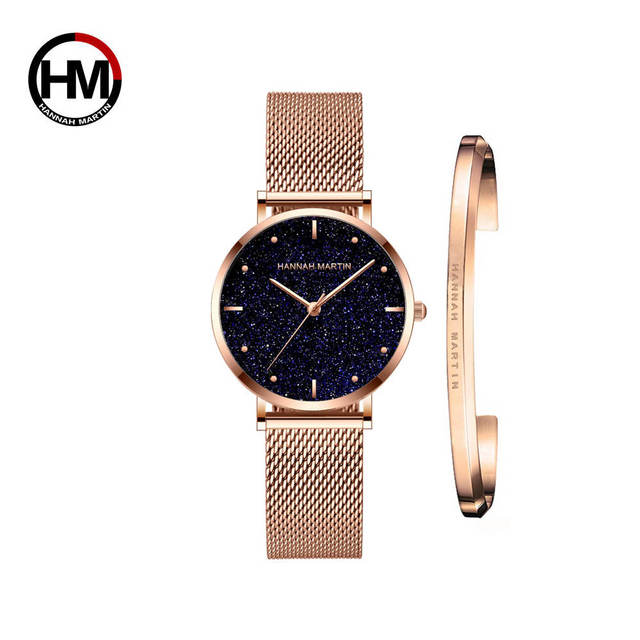 Japan Quartz Creative Design Waterproof Rose Gold Stainless Steel Mesh watch featuring a round case, stainless steel mesh band, and elegant rose gold finish.