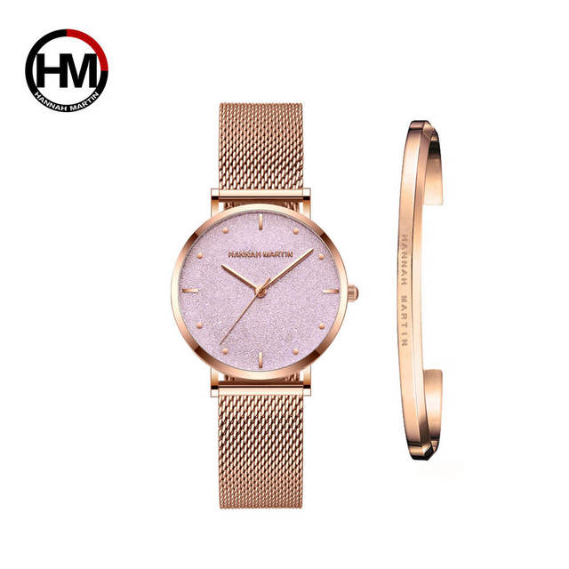 Japan Quartz Creative Design Waterproof Rose Gold Stainless Steel Mesh watch featuring a round case, stainless steel mesh band, and elegant rose gold finish.