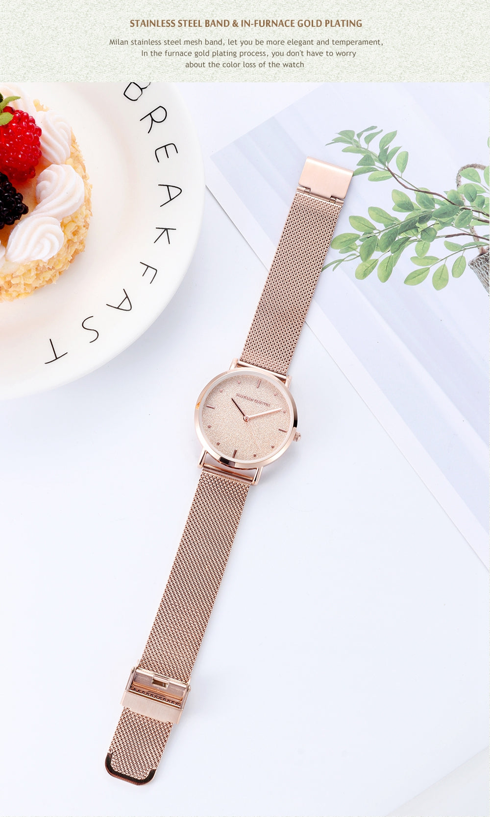 Japan Quartz Creative Design Waterproof Rose Gold Stainless Steel Mesh watch featuring a round case, stainless steel mesh band, and elegant rose gold finish.