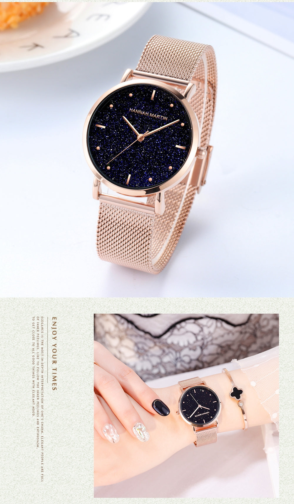 Japan Quartz Creative Design Waterproof Rose Gold Stainless Steel Mesh watch featuring a round case, stainless steel mesh band, and elegant rose gold finish.