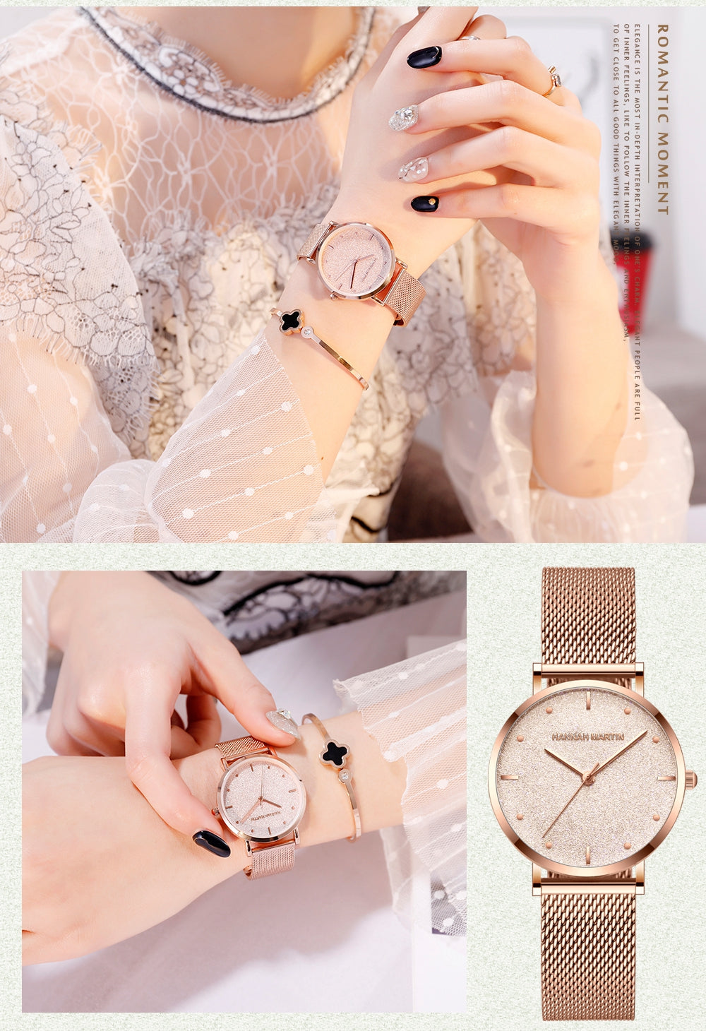 Japan Quartz Creative Design Waterproof Rose Gold Stainless Steel Mesh watch featuring a round case, stainless steel mesh band, and elegant rose gold finish.