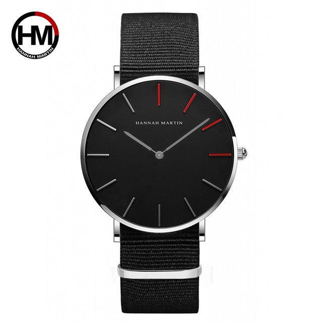 Japan Quartz Movement Men Waterproof Wrist Watch with nylon band and alloy case, showcasing a sleek ultra-thin design.