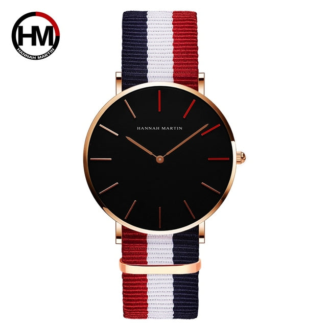 Japan Quartz Movement Men Waterproof Wrist Watch with nylon band and alloy case, showcasing a sleek ultra-thin design.