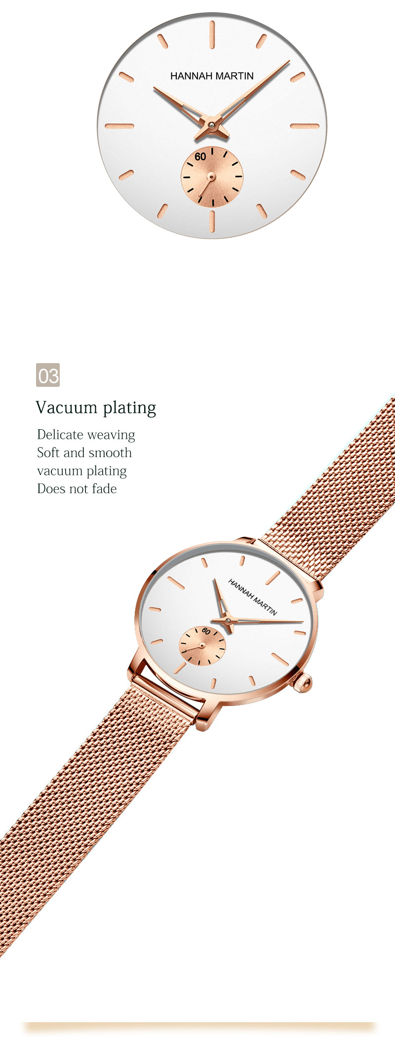 Japanese Movement Sports Luxury Fashion Ladies Watch in rose gold with stainless steel mesh belt, showcasing its elegant design and features.