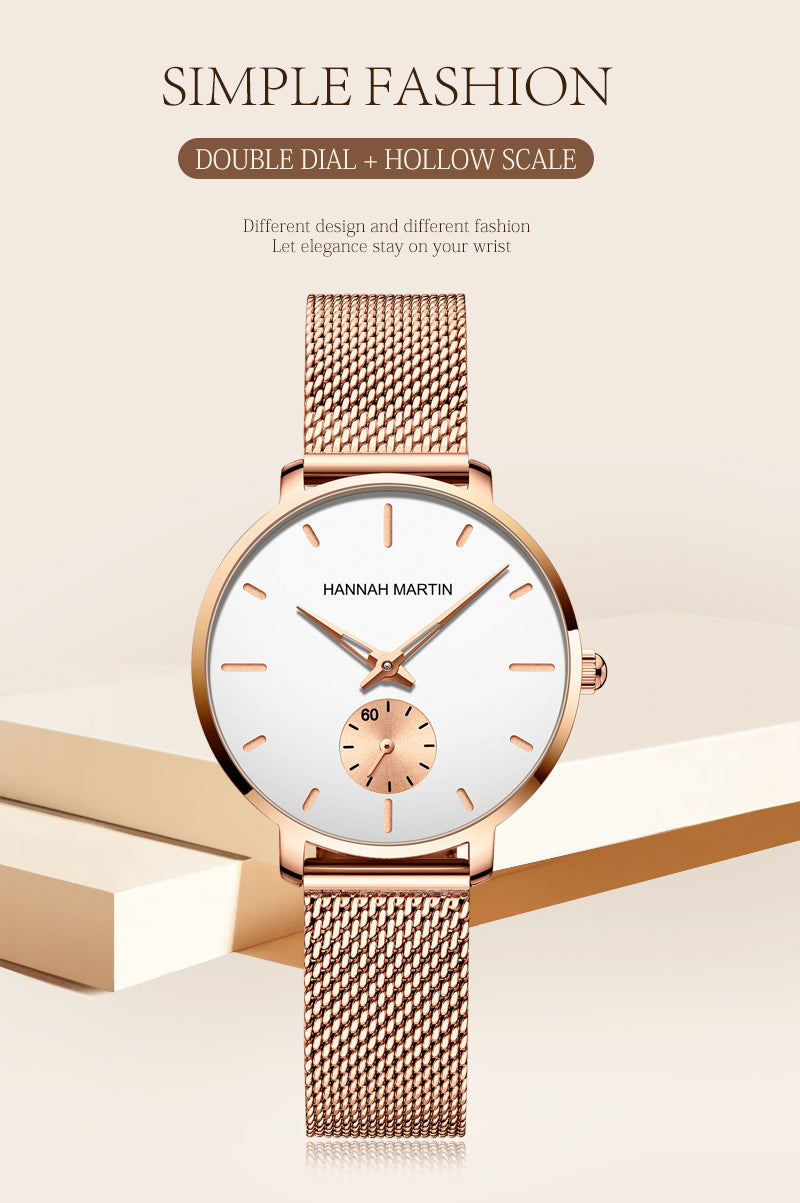 Japanese Movement Sports Luxury Fashion Ladies Watch in rose gold with stainless steel mesh belt, showcasing its elegant design and features.