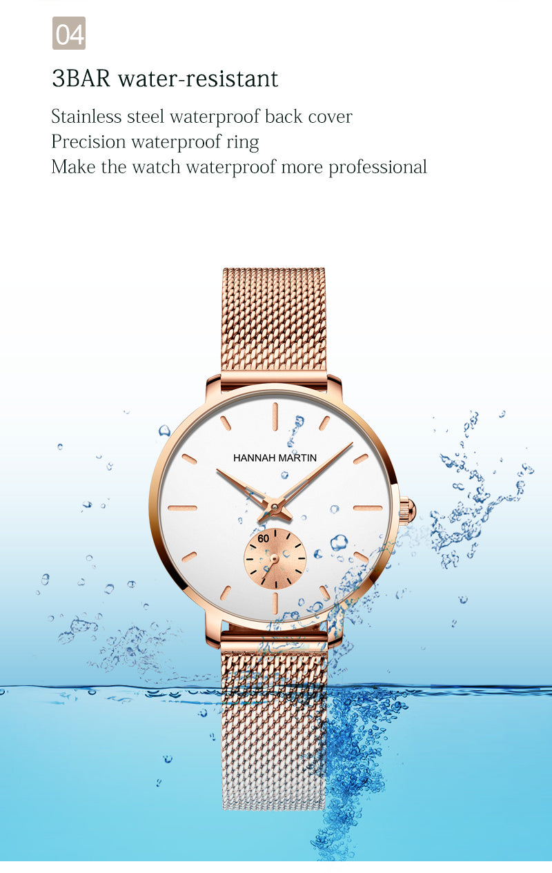 Japanese Movement Sports Luxury Fashion Ladies Watch in rose gold with stainless steel mesh belt, showcasing its elegant design and features.