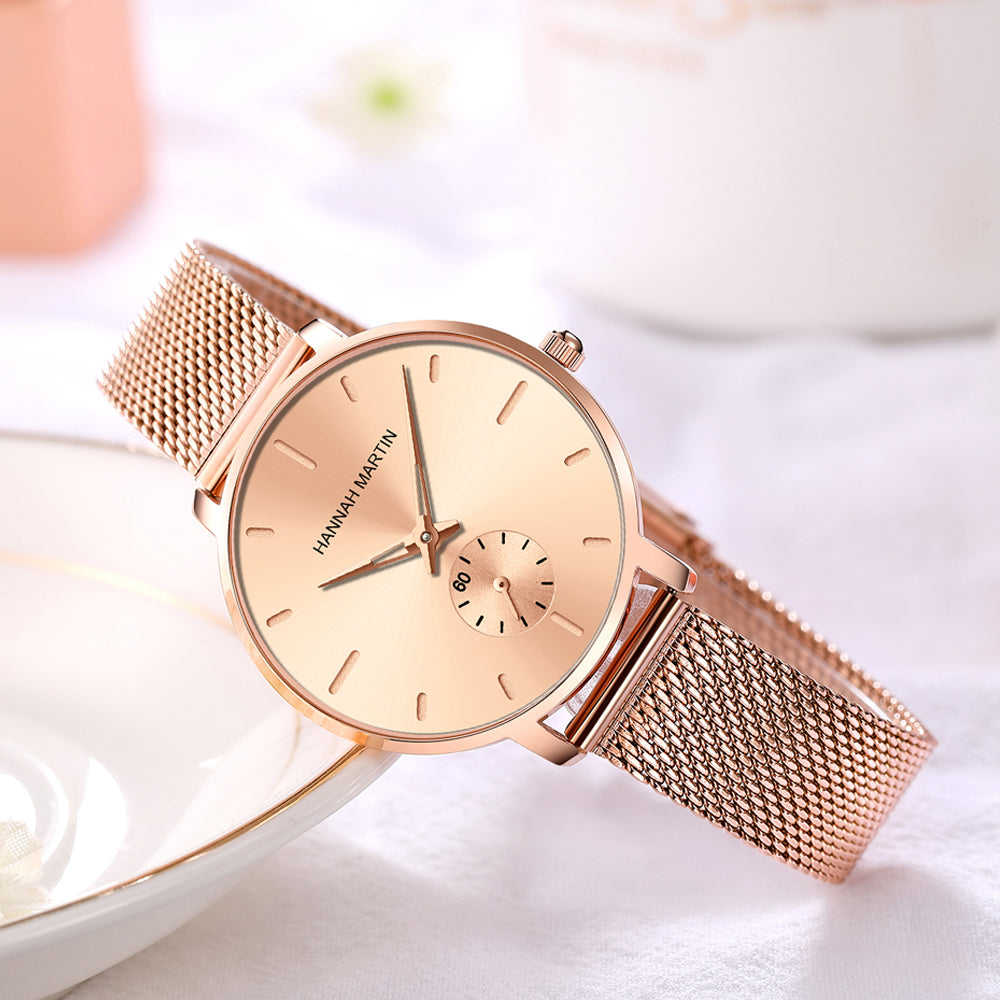 Japanese Movement Sports Luxury Fashion Ladies Watch in rose gold with stainless steel mesh belt, showcasing its elegant design and features.