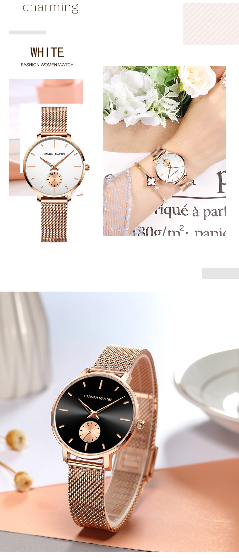 Japanese Movement Sports Luxury Fashion Ladies Watch in rose gold with stainless steel mesh belt, showcasing its elegant design and features.