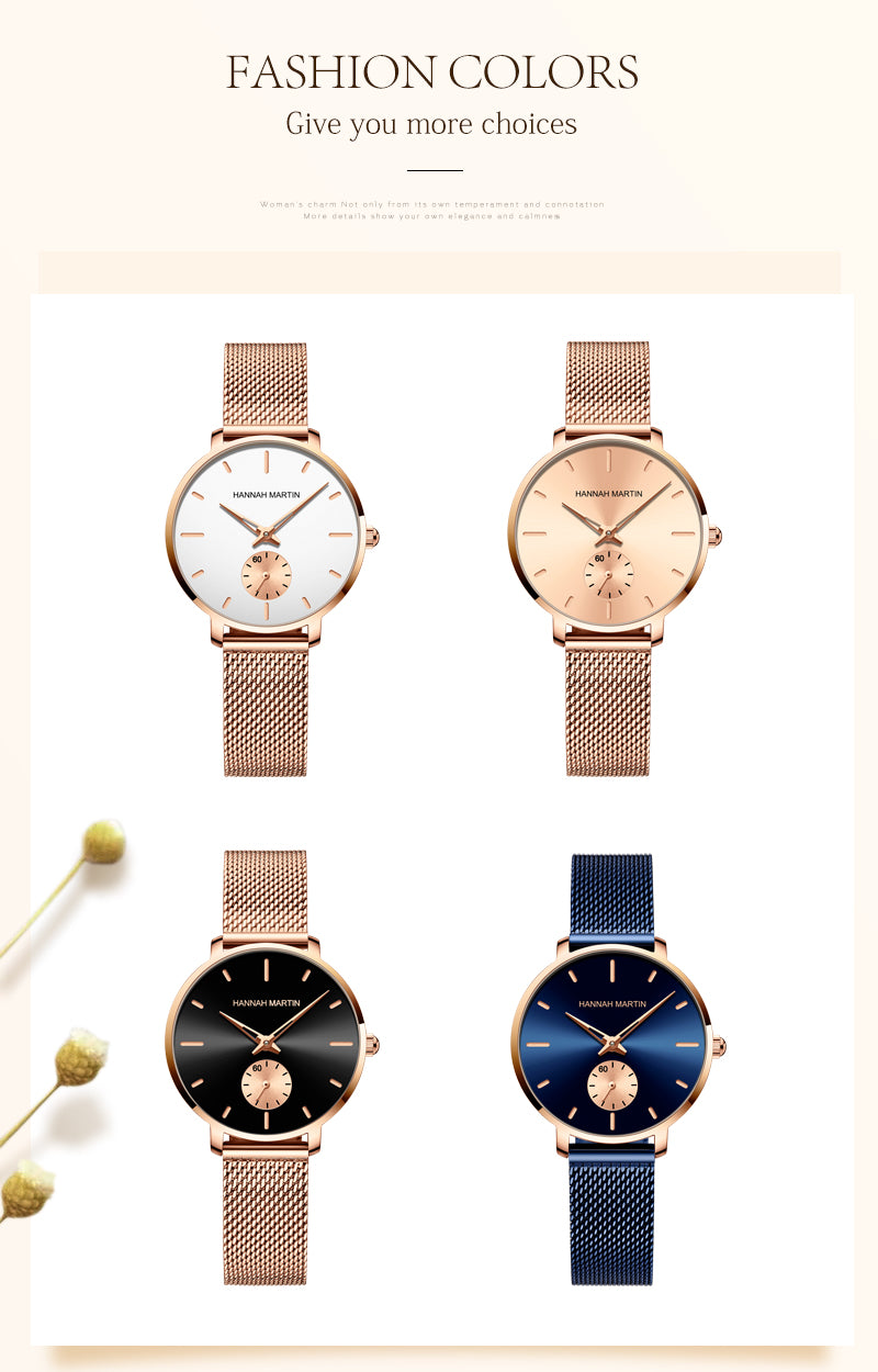 Japanese Movement Sports Luxury Fashion Ladies Watch in rose gold with stainless steel mesh belt, showcasing its elegant design and features.