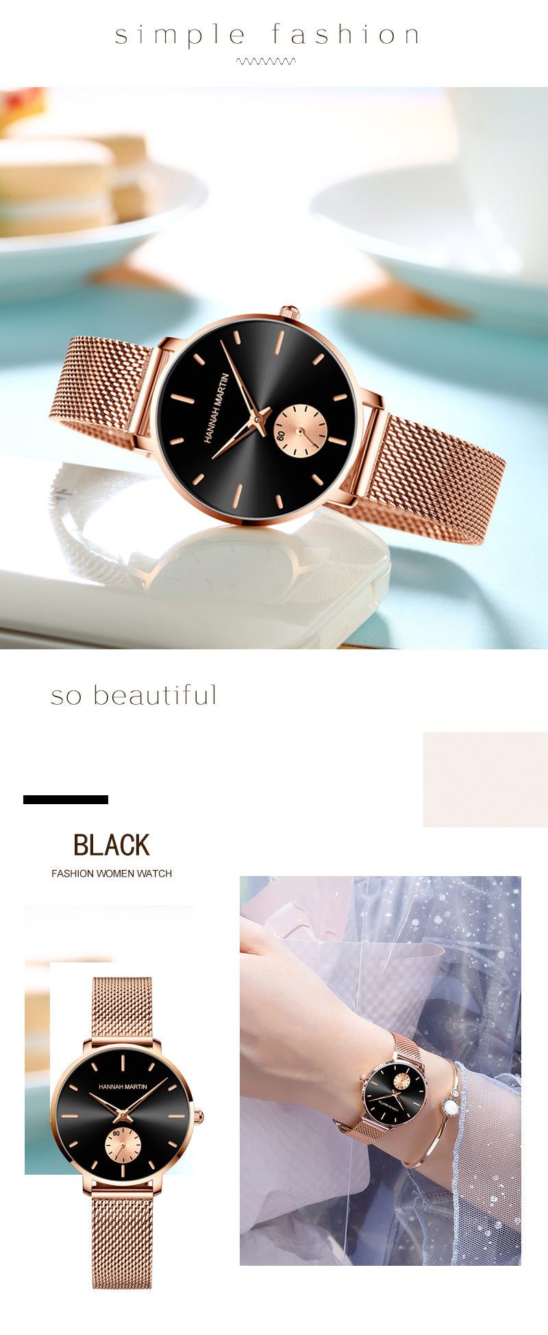 Japanese Movement Sports Luxury Fashion Ladies Watch in rose gold with stainless steel mesh belt, showcasing its elegant design and features.