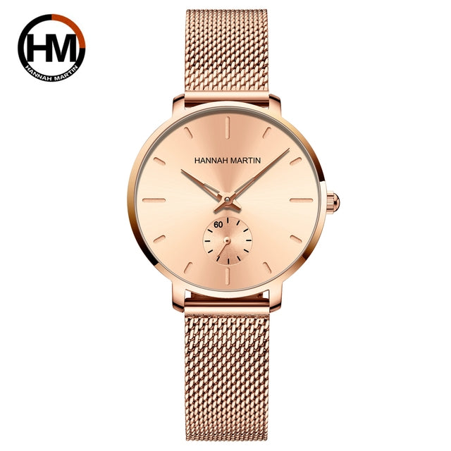 Japanese Movement Sports Luxury Fashion Ladies Watch in rose gold with stainless steel mesh belt, showcasing its elegant design and features.