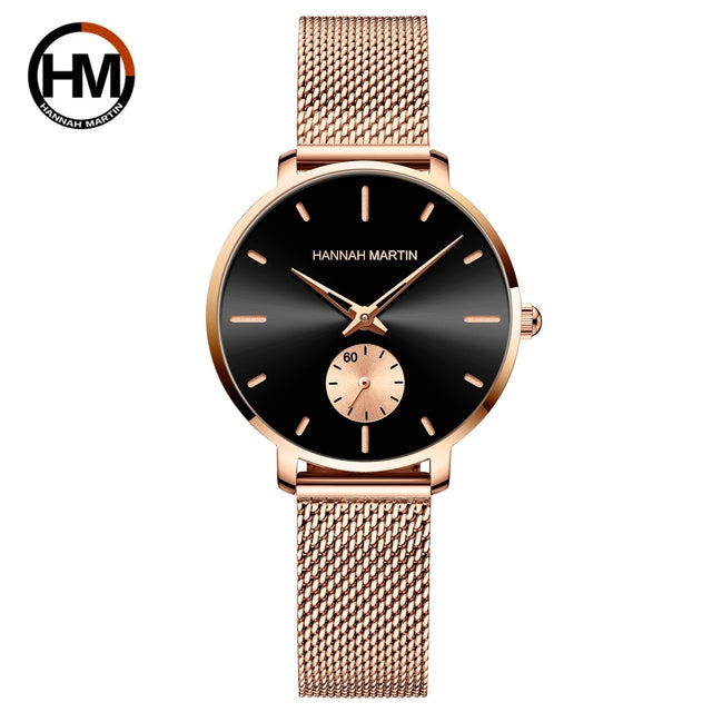 Japanese Movement Sports Luxury Fashion Ladies Watch in rose gold with stainless steel mesh belt, showcasing its elegant design and features.