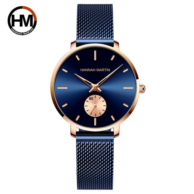 Japanese Movement Sports Luxury Fashion Ladies Watch in rose gold with stainless steel mesh belt, showcasing its elegant design and features.