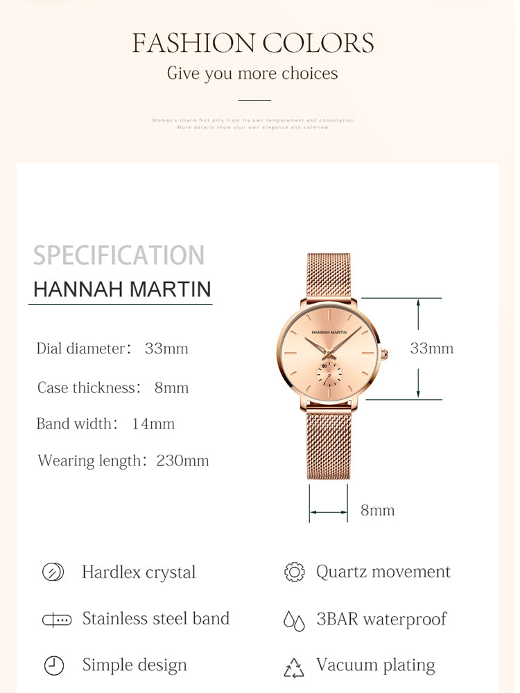 Japanese Movement Sports Luxury Fashion Ladies Watch in rose gold with stainless steel mesh belt, showcasing its elegant design and features.