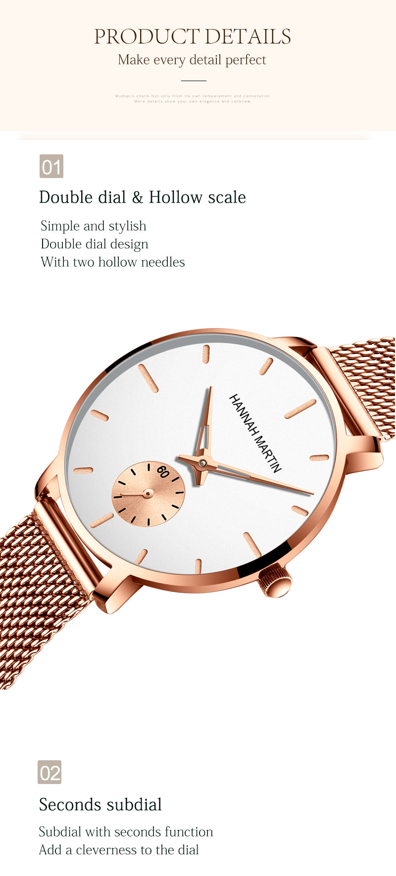 Japanese Movement Sports Luxury Fashion Ladies Watch in rose gold with stainless steel mesh belt, showcasing its elegant design and features.