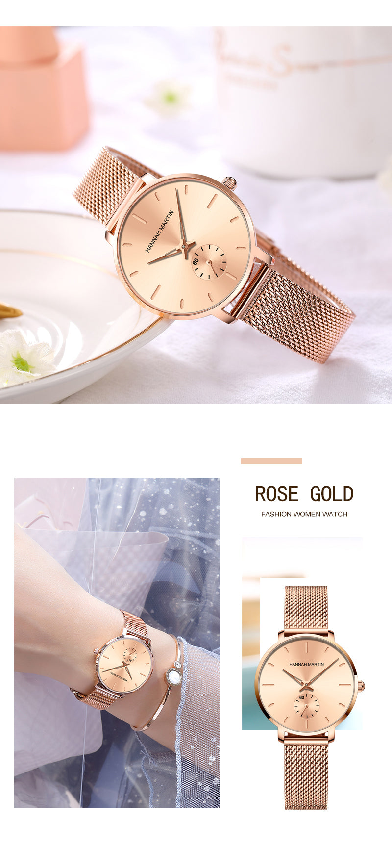 Japanese Movement Sports Luxury Fashion Ladies Watch in rose gold with stainless steel mesh belt, showcasing its elegant design and features.