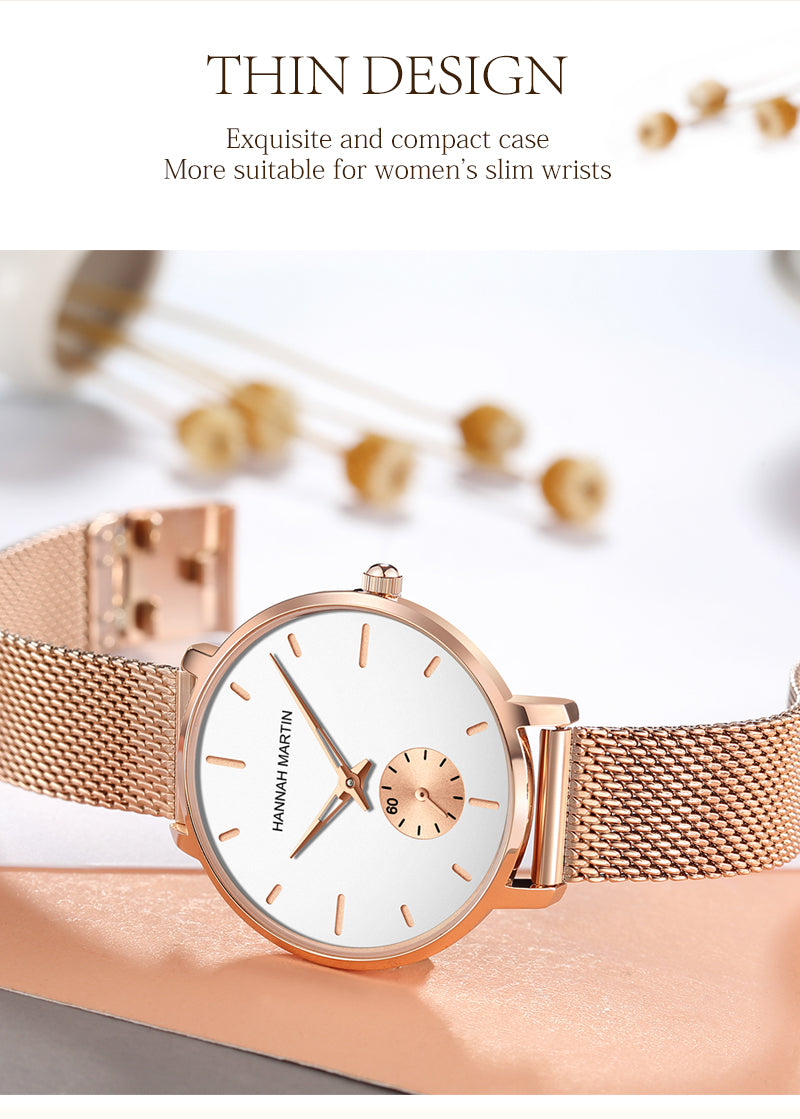 Japanese Movement Sports Luxury Fashion Ladies Watch in rose gold with stainless steel mesh belt, showcasing its elegant design and features.