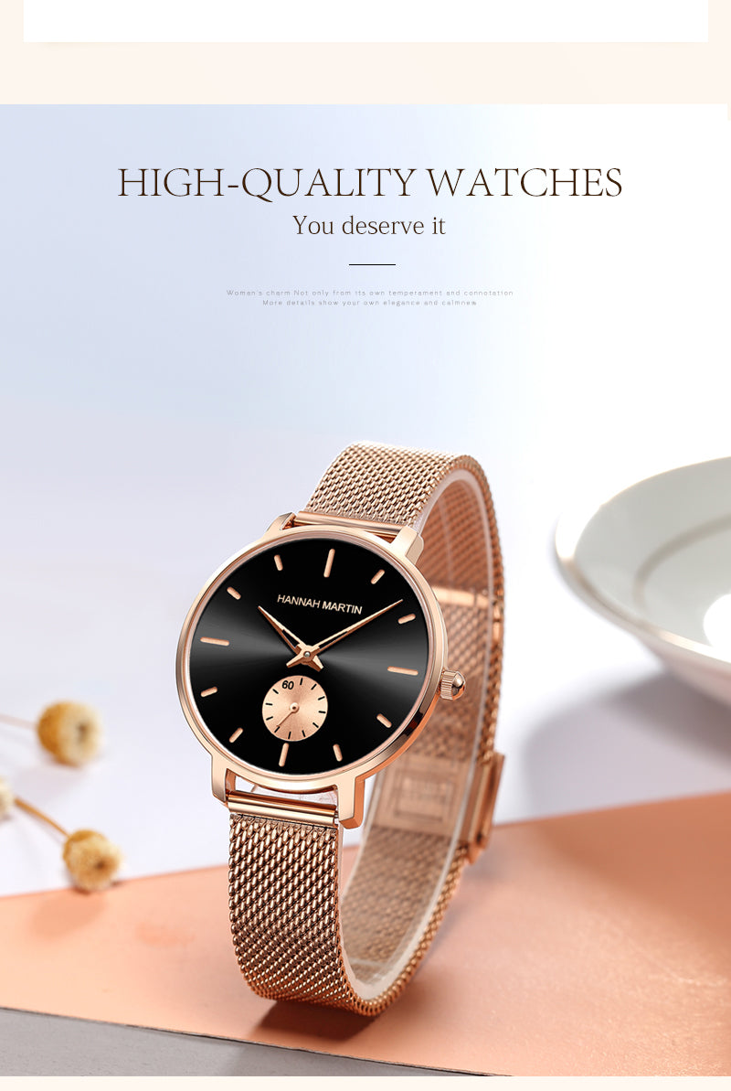 Japanese Movement Sports Luxury Fashion Ladies Watch in rose gold with stainless steel mesh belt, showcasing its elegant design and features.