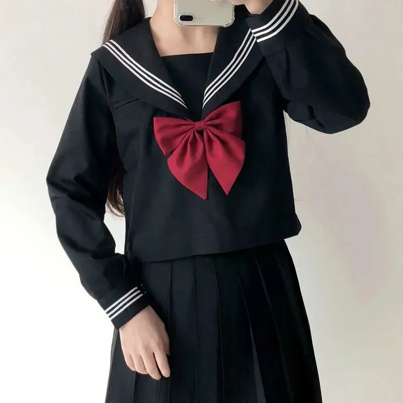 Japanese School Uniform Suit Sailor JK in navy color, featuring a sailor collar and pleated skirt, designed for girls and women.