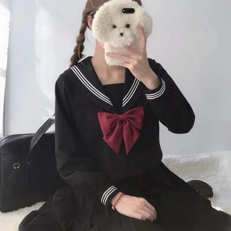 Japanese School Uniform Suit Sailor JK in navy color, featuring a sailor collar and pleated skirt, designed for girls and women.