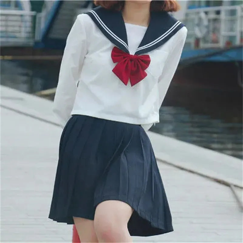 Japanese School Uniform Suit Sailor JK in navy color, featuring a sailor collar and pleated skirt, designed for girls and women.