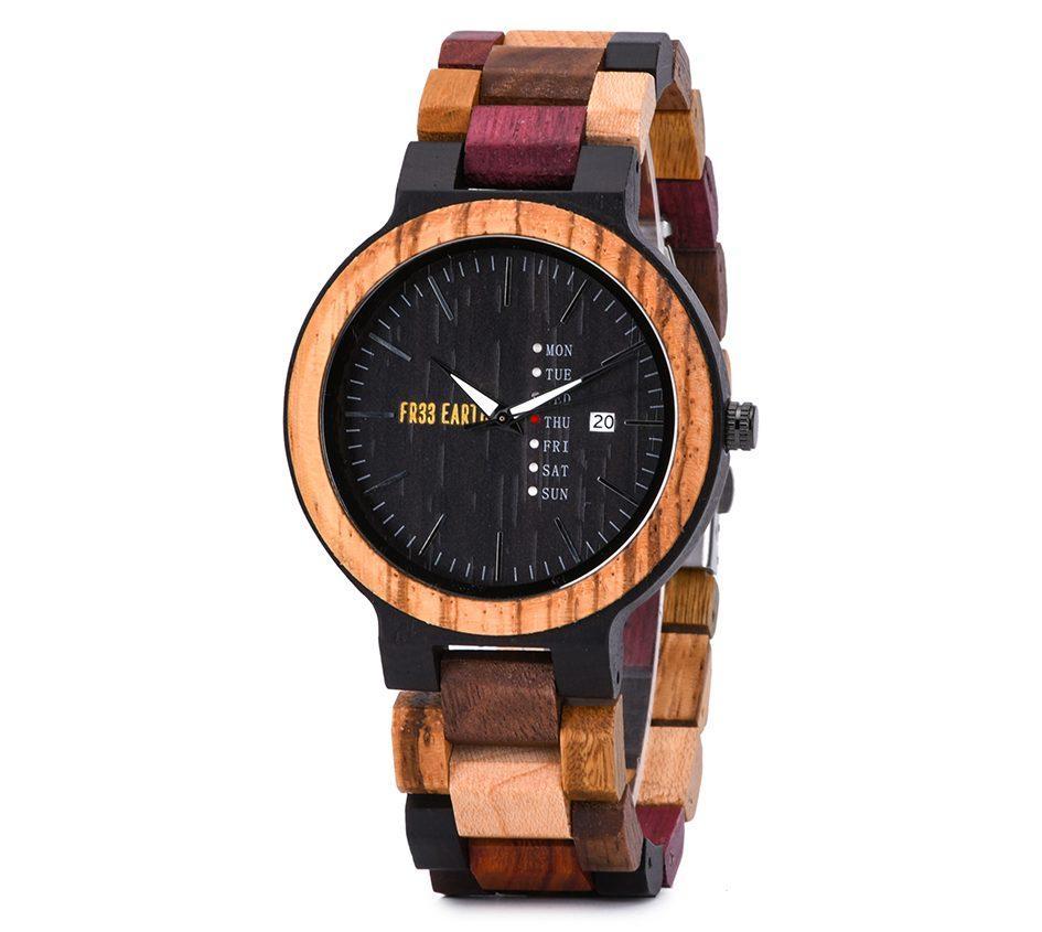 Jazz Watch for men made from colorful wood, featuring auto date and week display, handcrafted with Japanese quartz movement.