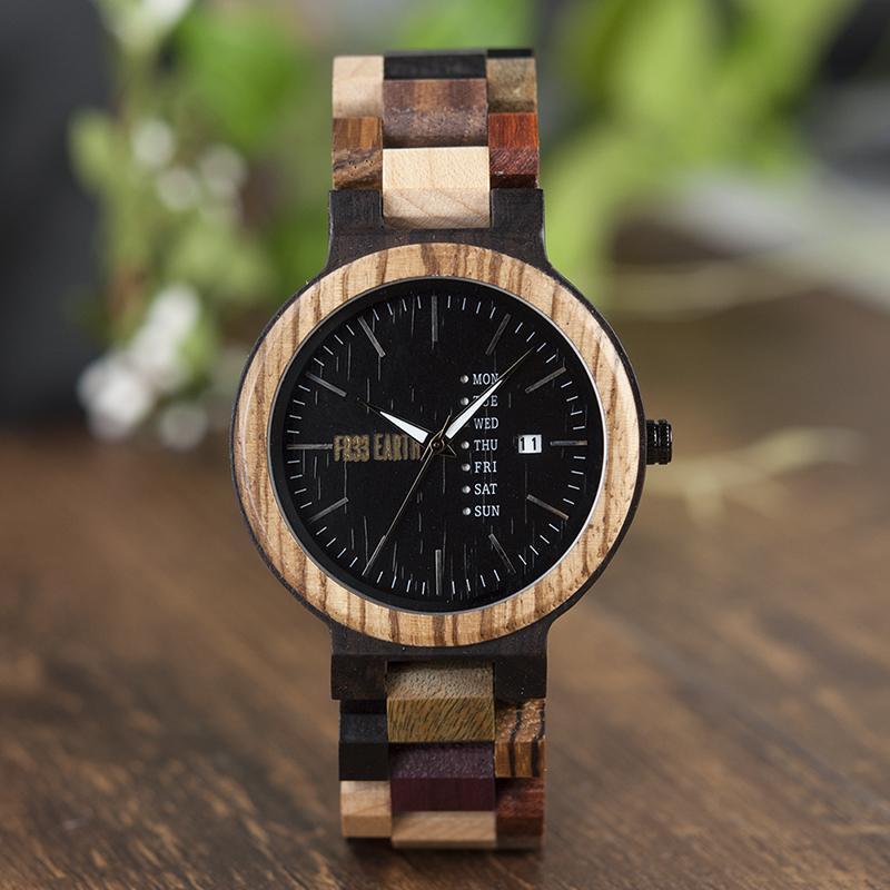 Jazz Watch for men made from colorful wood, featuring auto date and week display, handcrafted with Japanese quartz movement.