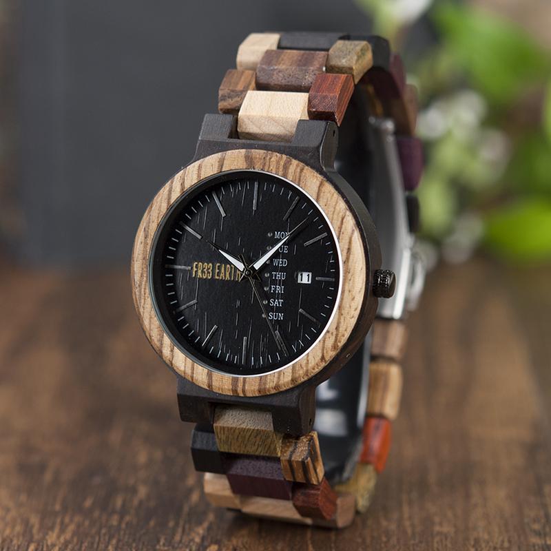 Jazz Watch for men made from colorful wood, featuring auto date and week display, handcrafted with Japanese quartz movement.