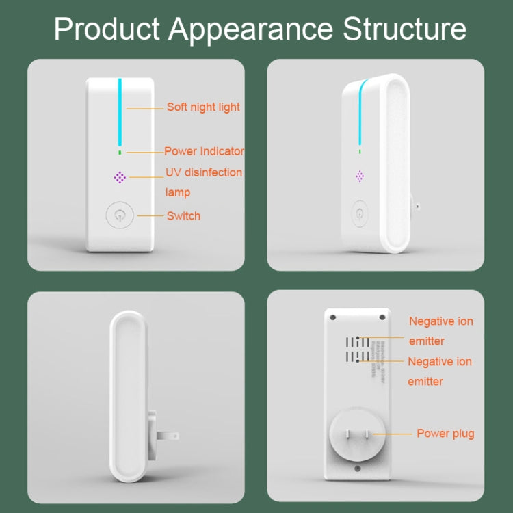 JHQ-12SS Negative Ion Air Purification UV Sterilizer with a soft night light, compact design, and electronic components for air purification.