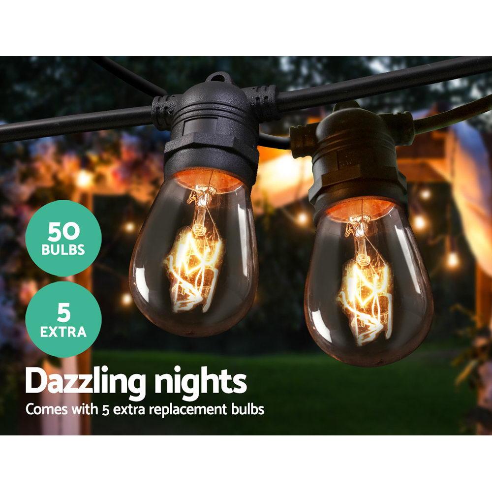 Jingle Jollys 47m Festoon String Lights with warm glowing bulbs, perfect for outdoor and indoor celebrations.