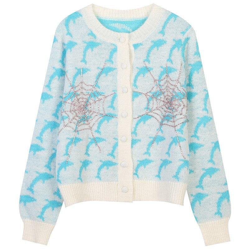 Women's autumn winter dolphin jacquard knitted sweater featuring a loose fit and playful cartoon design, perfect for casual streetwear.