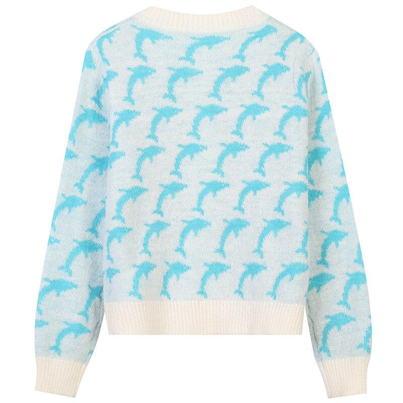 Women's autumn winter dolphin jacquard knitted sweater featuring a loose fit and playful cartoon design, perfect for casual streetwear.