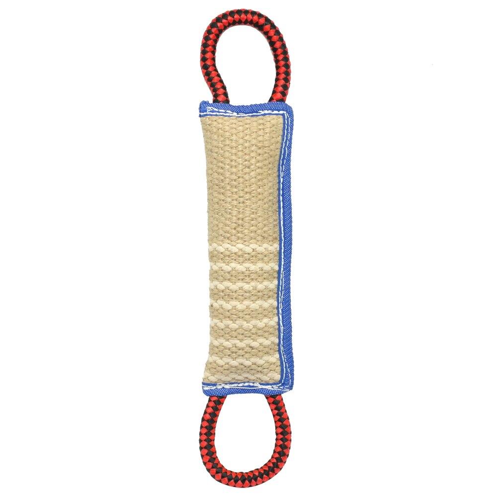 Jute Dog Tug Bite Toy featuring two handles, designed for medium to large dogs, ideal for training and interactive play.