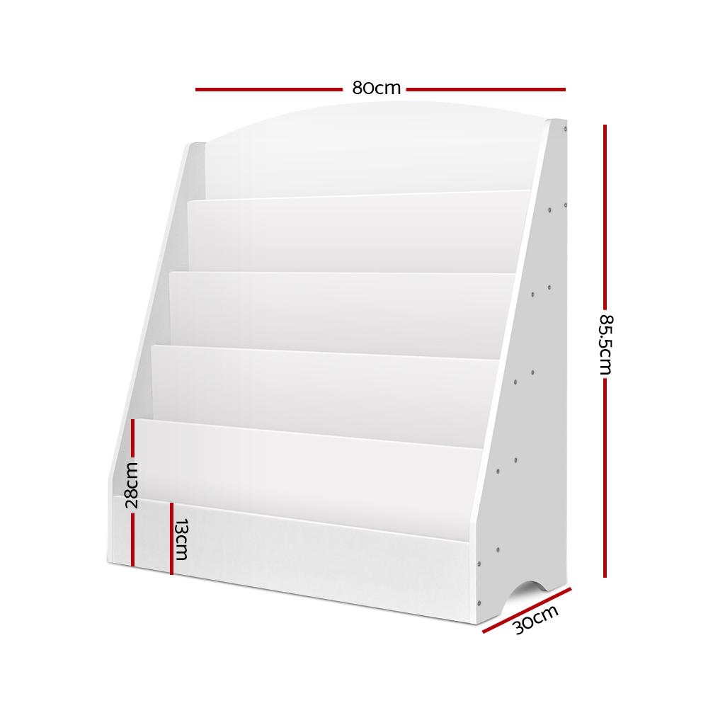 Keezi 5 Tiers Kids Bookshelf in white, featuring five shelves and rounded edges for child safety.