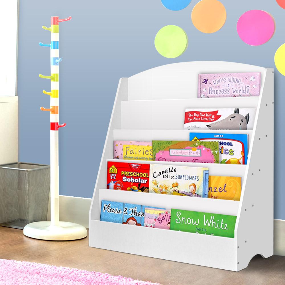 Keezi 5 Tiers Kids Bookshelf in white, featuring five shelves and rounded edges for child safety.