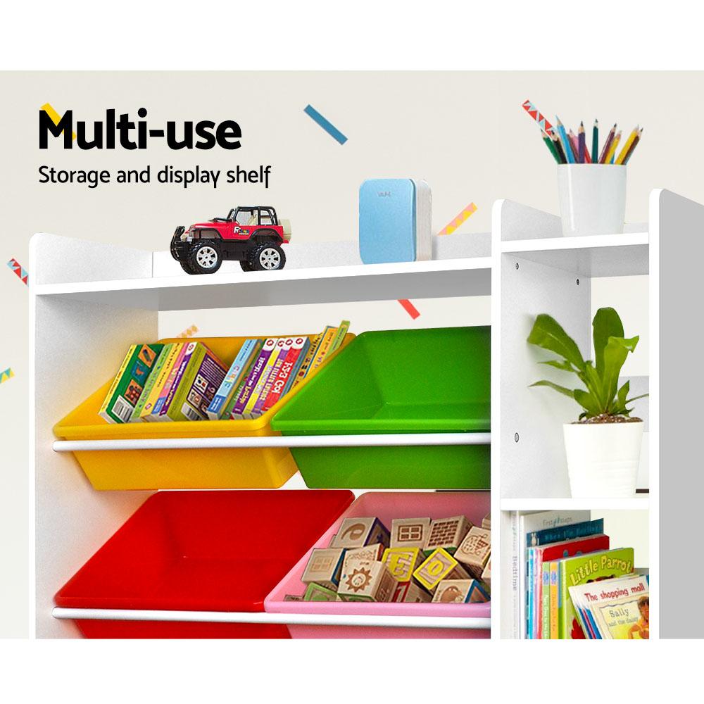 Keezi 8 Bins Kids Toy Box Storage Organiser Rack with colorful bins and sturdy design, perfect for organizing toys and books.