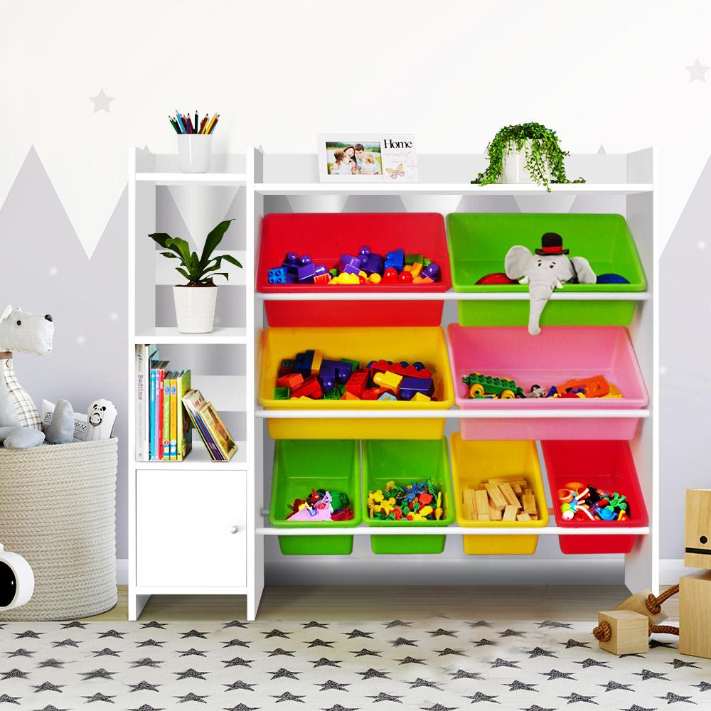 Keezi 8 Bins Kids Toy Box Storage Organiser Rack with colorful bins and sturdy design, perfect for organizing toys and books.