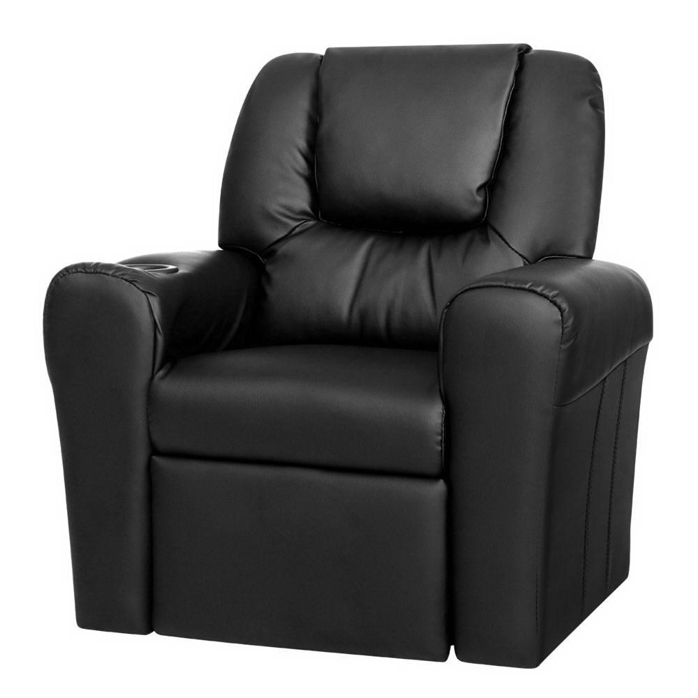 Keezi Kids Recliner Chair in Black PU Leather with plush cushioning and built-in cup holder, designed for children's comfort and relaxation.