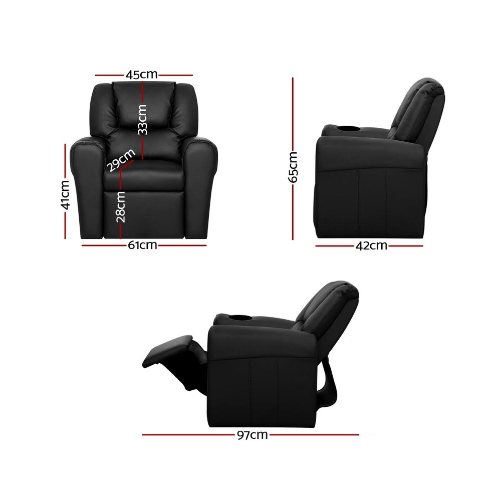 Keezi Kids Recliner Chair in Black PU Leather with plush cushioning and built-in cup holder, designed for children's comfort and relaxation.