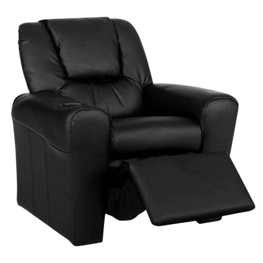 Keezi Kids Recliner Chair in Black PU Leather with plush cushioning and built-in cup holder, designed for children's comfort and relaxation.