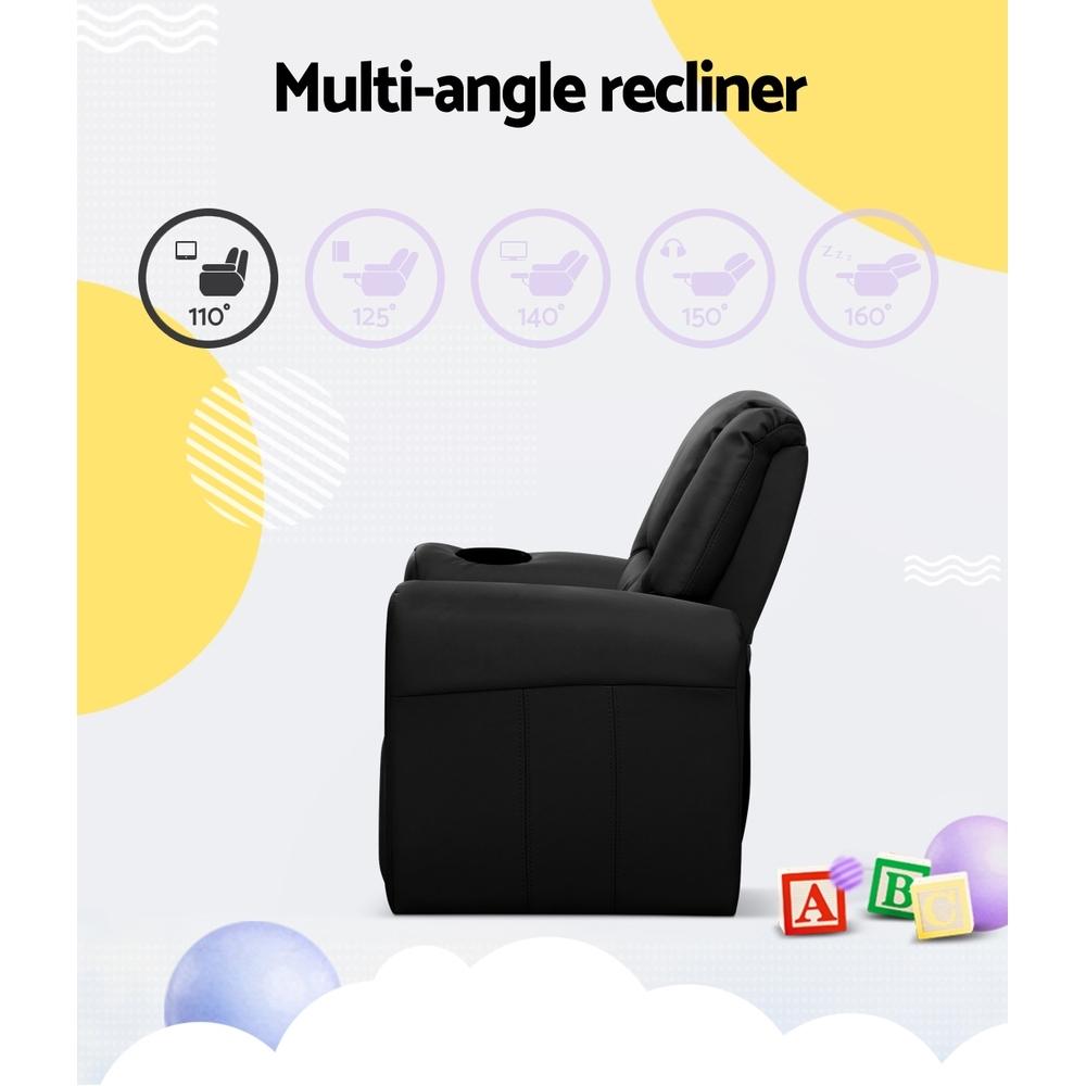 Keezi Kids Recliner Chair in Black PU Leather with plush cushioning and built-in cup holder, designed for children's comfort and relaxation.