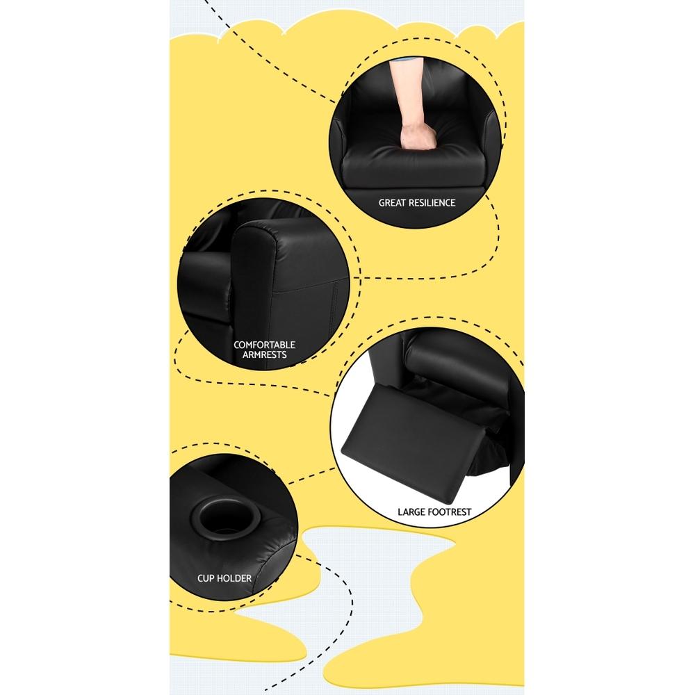 Keezi Kids Recliner Chair in Black PU Leather with plush cushioning and built-in cup holder, designed for children's comfort and relaxation.