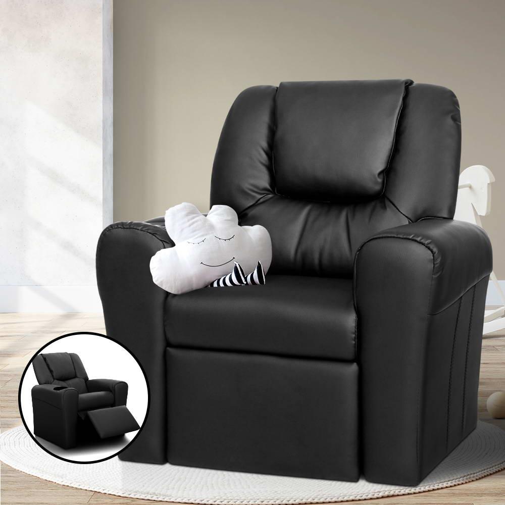 Keezi Kids Recliner Chair in Black PU Leather with plush cushioning and built-in cup holder, designed for children's comfort and relaxation.